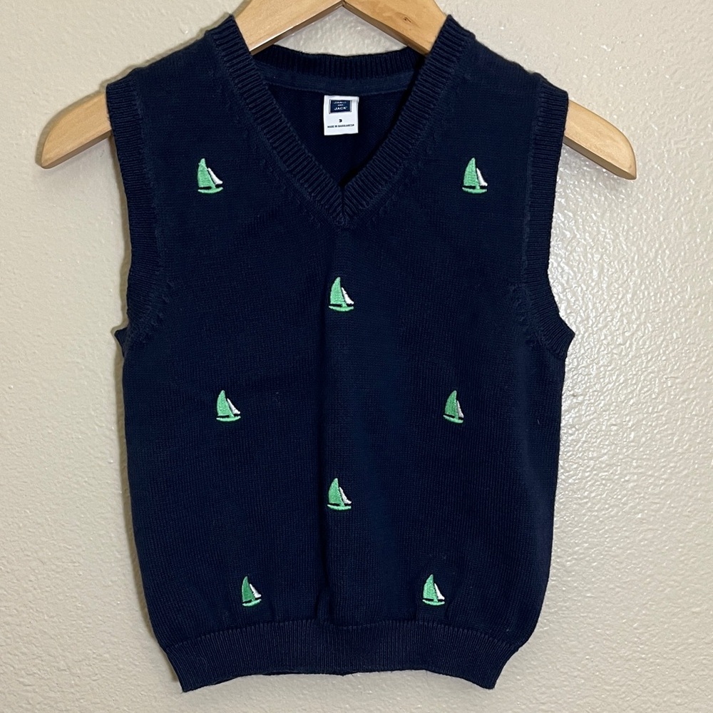 Janie and Jack Navy Sweater Vest with Green Sailboat Embroidery